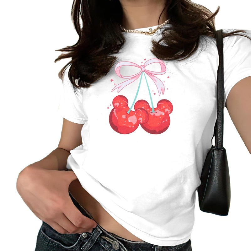 LUKYCILD Pink Bow Cherries Shirt Women: Coquette Tops Clean Girl Aesthetic Shirts Casual Summer Short Sleeve Tshirt - Image 1