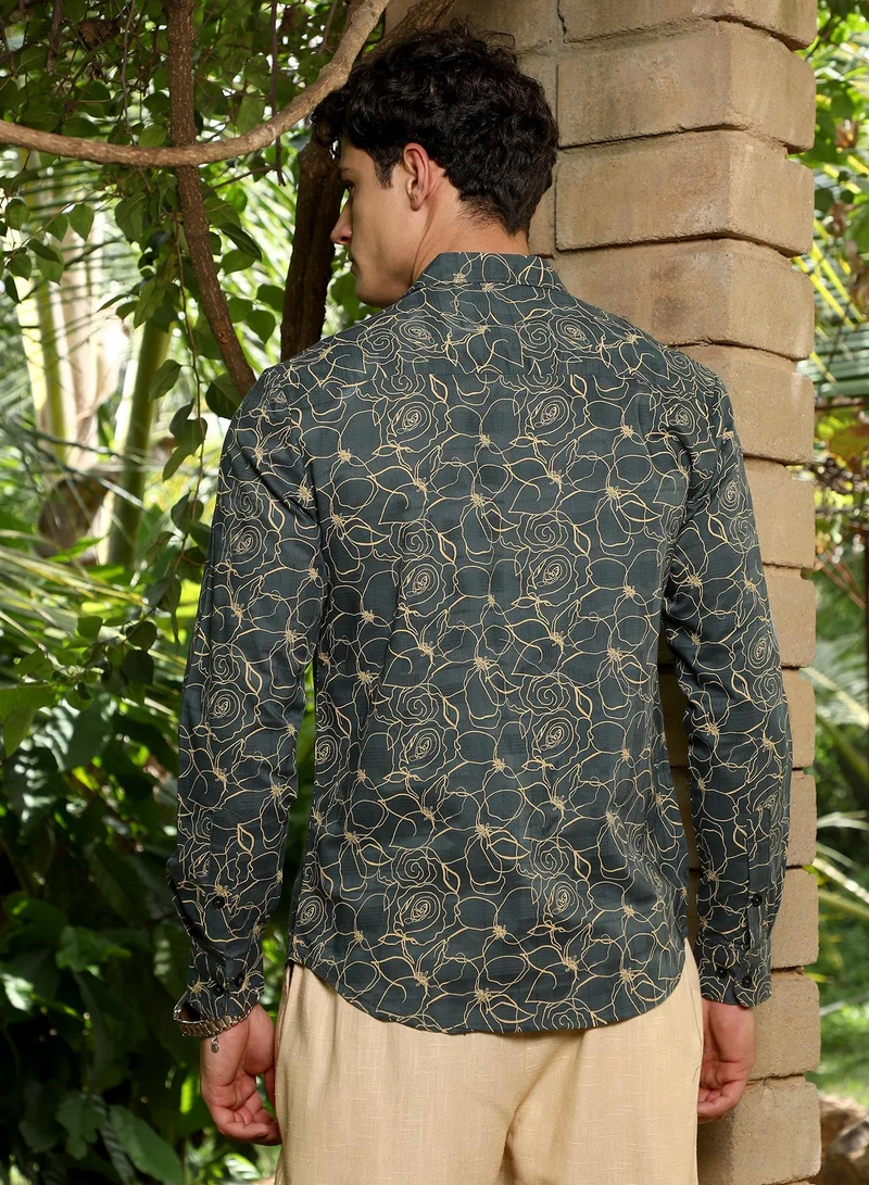 Campus Sutra Campus Sutra Men's Sacramento Green Roses-Lined Embroidered Shirt For Casual Wear | Spread Collar | Long Cuffed Sleeves | Button Closure | Shirt Crafted With Comfort Fit For Everyday Wear
