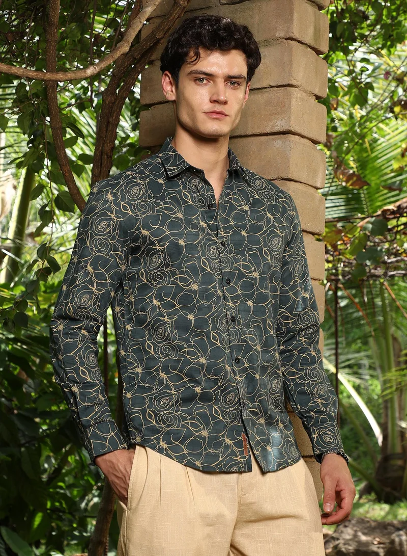 Campus Sutra Campus Sutra Men's Sacramento Green Roses-Lined Embroidered Shirt For Casual Wear | Spread Collar | Long Cuffed Sleeves | Button Closure | Shirt Crafted With Comfort Fit For Everyday Wear