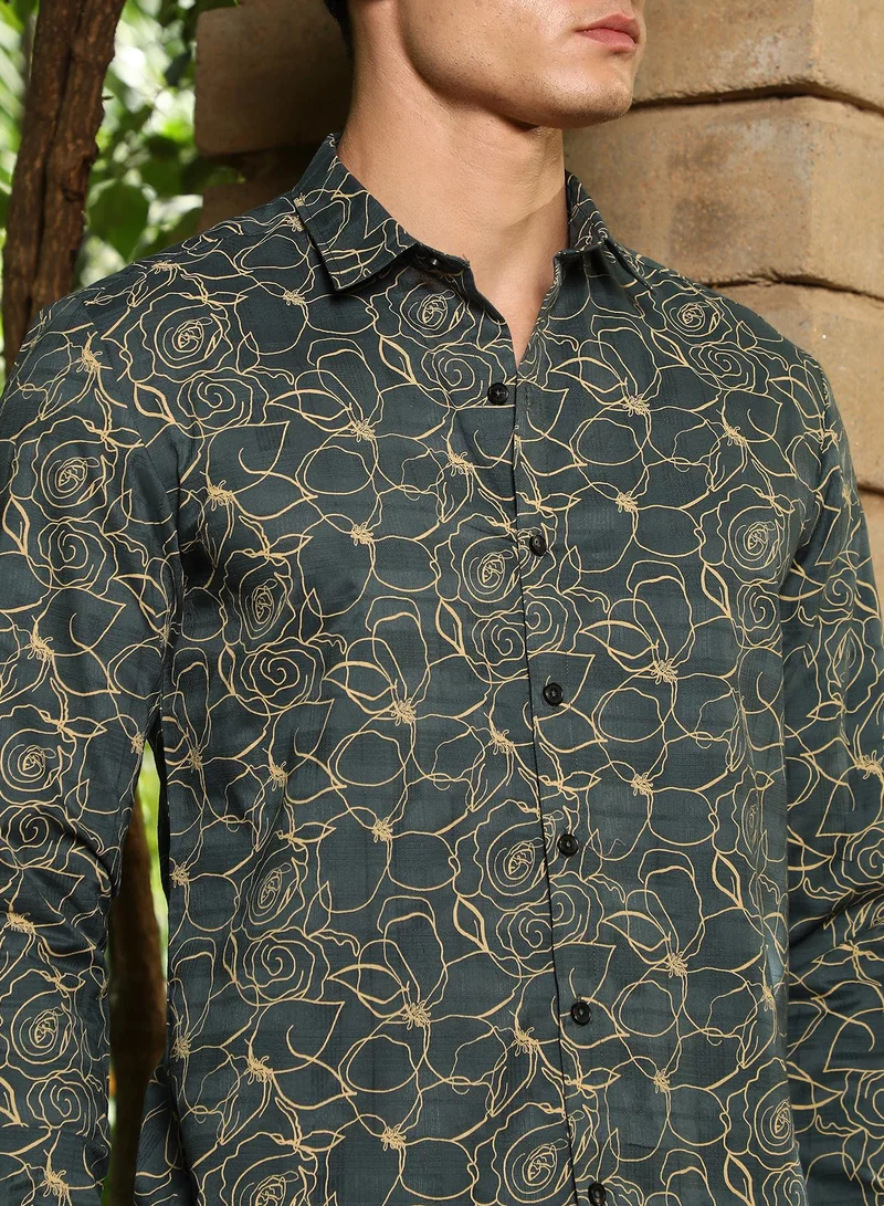 Campus Sutra Campus Sutra Men's Sacramento Green Roses-Lined Embroidered Shirt For Casual Wear | Spread Collar | Long Cuffed Sleeves | Button Closure | Shirt Crafted With Comfort Fit For Everyday Wear