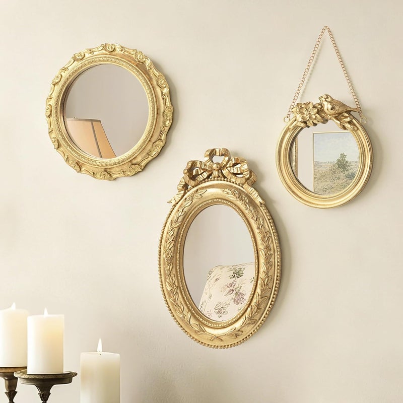 AELS مجموعة المكونة من 3 قطع لديكور حائط مرآة ذهبية عتيقة صغيرة، مرآة حائط معلقة، ديكور منزلي فاخر، مرآة حائط عتيقة، مرايا زخرفية صغيرة لغرفة المعيشة المدخل غرفة النوم، قوس طائر - Image 1