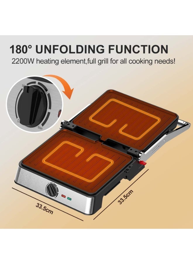 Winning Star Panini Sandwich Maker & Electric Grill 2200W, 4-Slice Non-Stick Press with Adjustable Temperature, Timer, Removable Drip Tray & 180° Open Grill for Sandwiches, Paninis & Steaks (ST-9399) - Image 5