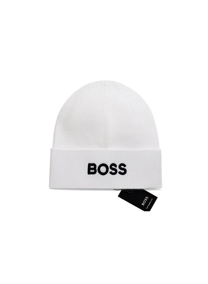BOSS White BOSS Knit Beanie: Black Embroidered Logo Ribbed Winter Hat