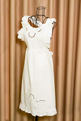 Minhcraft White Cotton Beautiful Flower Embroidery Apron-Ruffles Full Length Bib Women Apron - Image 3