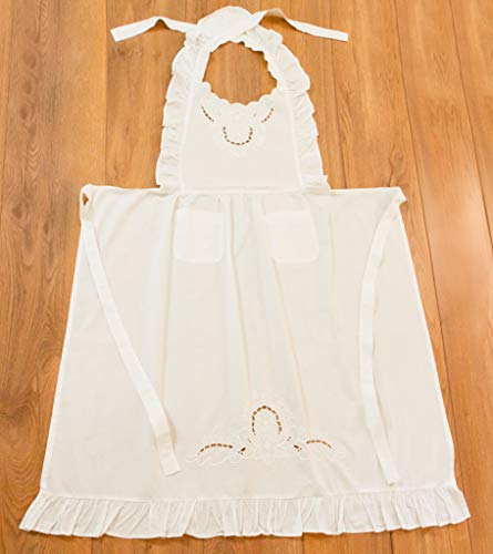 Minhcraft White Cotton Beautiful Flower Embroidery Apron-Ruffles Full Length Bib Women Apron - Image 4