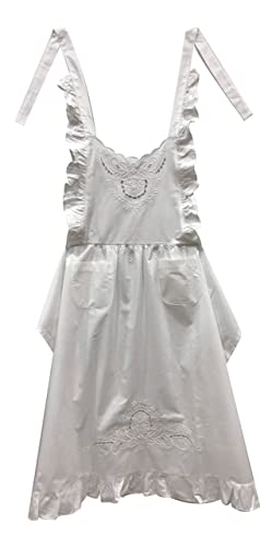 Minhcraft White Cotton Beautiful Flower Embroidery Apron-Ruffles Full Length Bib Women Apron - Image 1