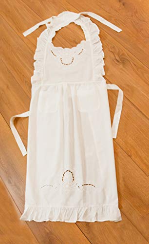 Minhcraft White Cotton Beautiful Flower Embroidery Apron-Ruffles Full Length Bib Women Apron - Image 5