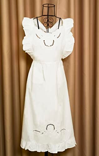 Minhcraft White Cotton Beautiful Flower Embroidery Apron-Ruffles Full Length Bib Women Apron - Image 2