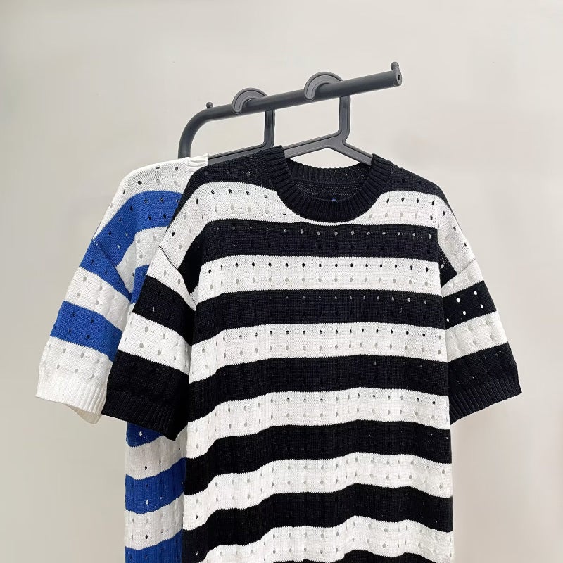 Light mature summer round neck short sleeve sweater men's summer Korean style loose casual striped half sleeve knitted T-shirt - Image 2