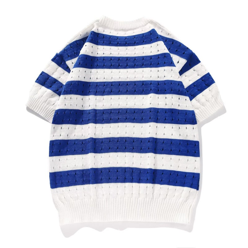 Light mature summer round neck short sleeve sweater men's summer Korean style loose casual striped half sleeve knitted T-shirt - Image 3