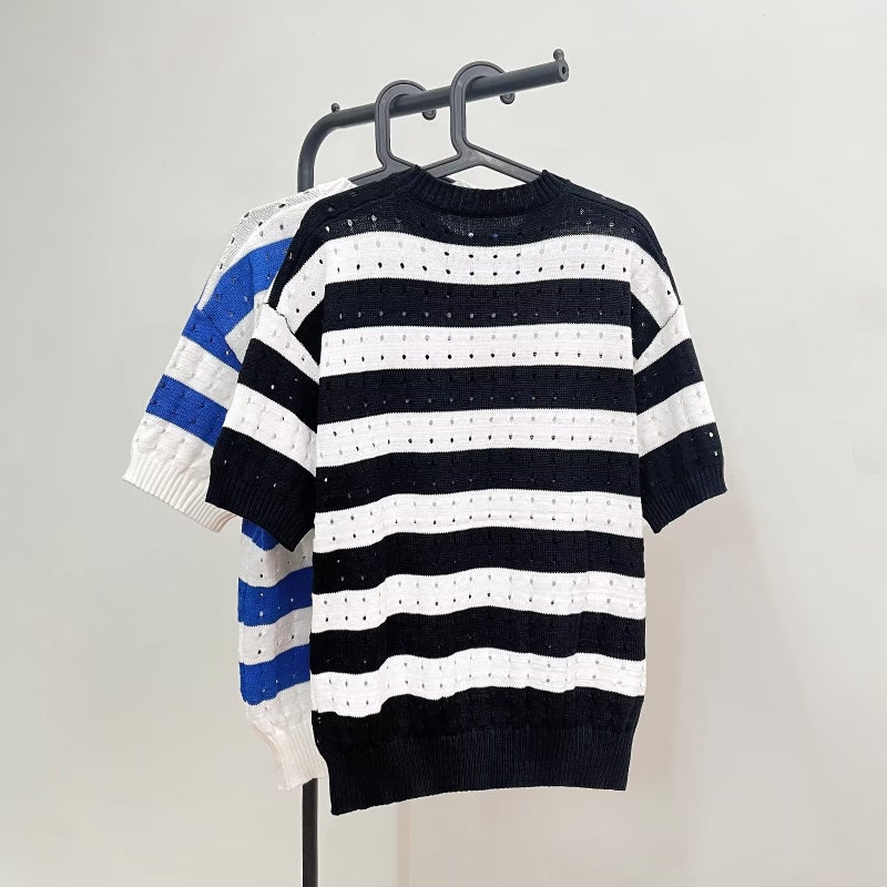 Light mature summer round neck short sleeve sweater men's summer Korean style loose casual striped half sleeve knitted T-shirt - Image 1