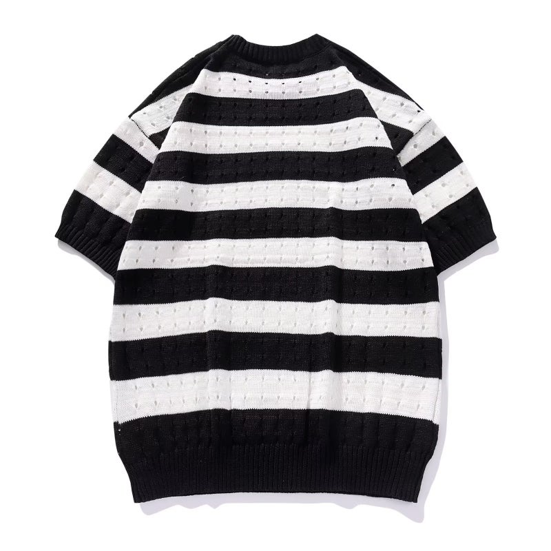 Light mature summer round neck short sleeve sweater men's summer Korean style loose casual striped half sleeve knitted T-shirt - Image 5
