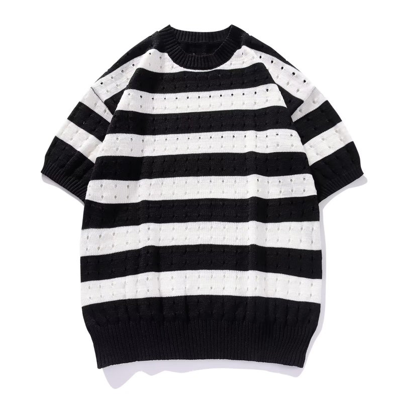 Light mature summer round neck short sleeve sweater men's summer Korean style loose casual striped half sleeve knitted T-shirt - Image 4