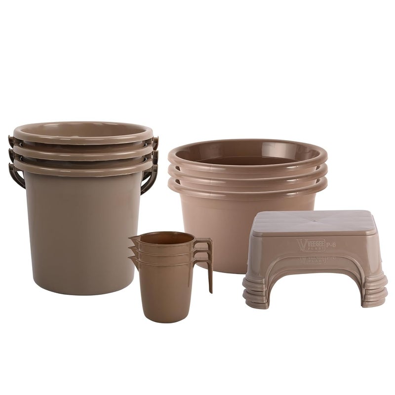 Kuber Industries Kuber Industries Set of 12 Bathroom Combo Set Bathing Set Bathware Set Each 3 Piece TubBucketMug Stool Combo Set for Bathroom Modern Bathroom Accessories Set Brown  - Image 1
