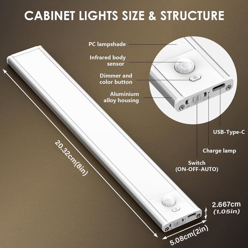 TINKDAS Wireless Cabinet Light Rechargeable Motion Sensor Closet Light with Stepless Dimming Aluminum Alloy Casing Touch Control Magnet Under Counter Light Warm - Image 2