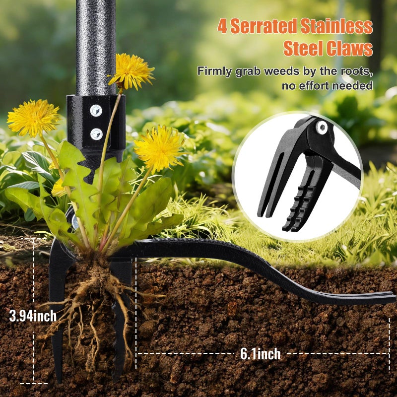 GOXAWEE Metal Stand Up Weed Puller Tool - 45" Garden Weeding Tool with Steel Long Handle & 4-Claw Steel Head - Effortlessly Remove Weeds Without Bending/Kneeling - All Steel Construction - Image 4