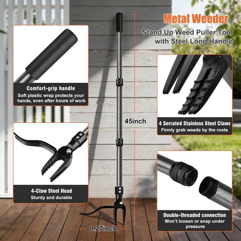 GOXAWEE Metal Stand Up Weed Puller Tool - 45" Garden Weeding Tool with Steel Long Handle & 4-Claw Steel Head - Effortlessly Remove Weeds Without Bending/Kneeling - All Steel Construction - Image 2