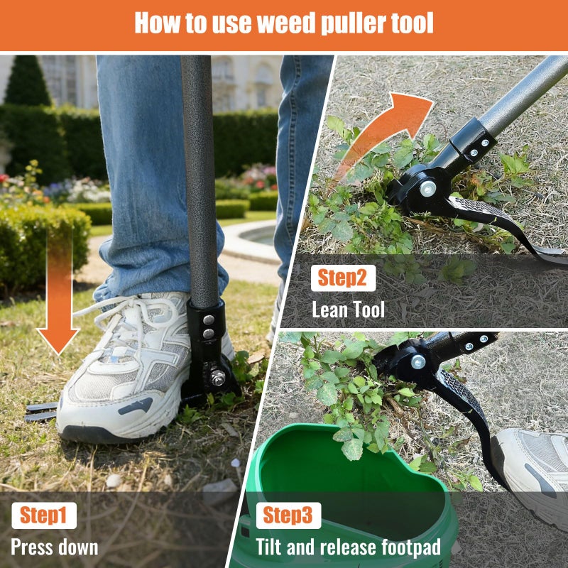 GOXAWEE Metal Stand Up Weed Puller Tool - 45" Garden Weeding Tool with Steel Long Handle & 4-Claw Steel Head - Effortlessly Remove Weeds Without Bending/Kneeling - All Steel Construction - Image 3