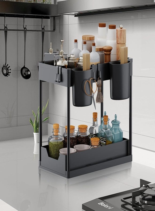 Crega 2-Tier Under Sink Organizer with Sliding Pull-Out Baskets, Bathroom Storage Rack with Hooks & Cup,Cabinet Shelf for Countertops & Cleaning Supplies (Black) - Image 2