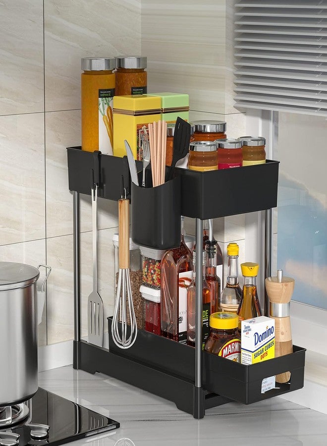 Crega 2-Tier Under Sink Organizer with Sliding Pull-Out Baskets, Bathroom Storage Rack with Hooks & Cup,Cabinet Shelf for Countertops & Cleaning Supplies (Black) - Image 3