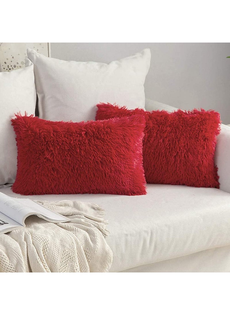 ToyHub ToyHub Fur Pillow Cushion Cover Rectangle Pillowcase Soft Furry Pillow Cover with Filler Size 16x24 Pack of 2 Red 