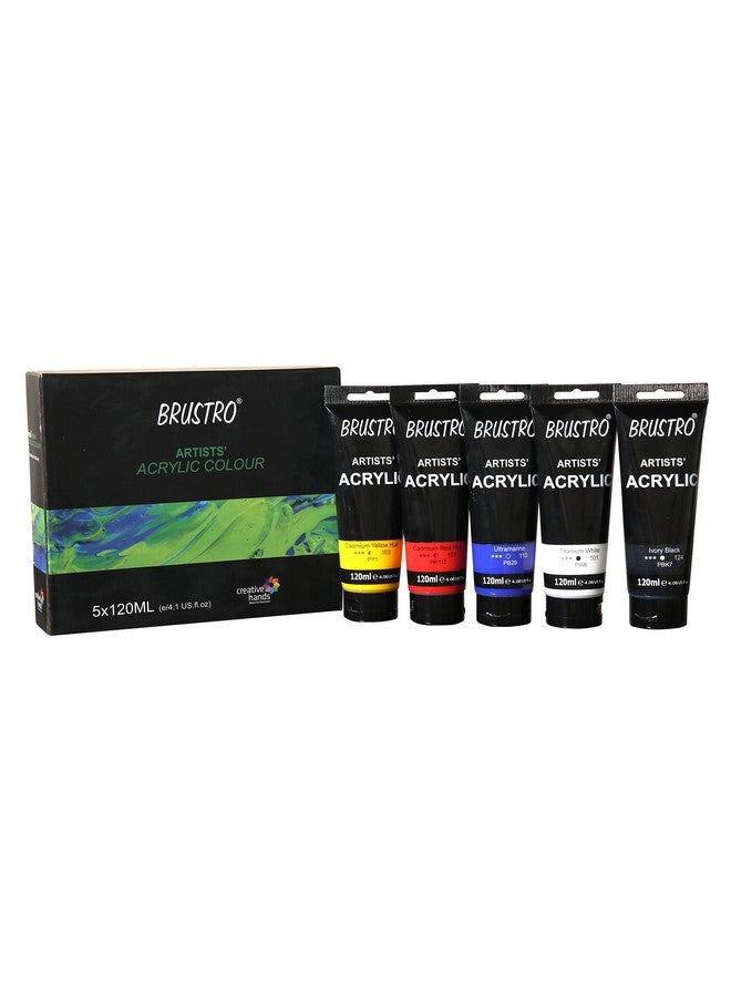 بروسترو ألوان أكريليك بروسترو للفنانين، 120 مل، مجموعة من 5 ألوان أساسية (أبيض تيتانيوم، أصفر كاديوم، أزرق سماوي، أحمر كاديوم، وأسود عاجي) - Image 1