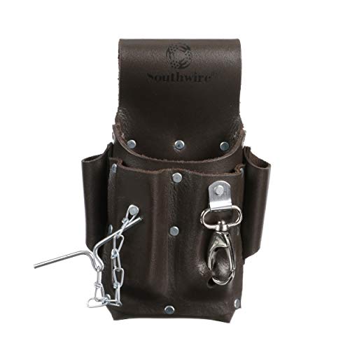 حقيبة أدوات جلدية Southwire POUCH4 5 جيوب مع سلسلة شريط كهربائي مقاومة للتلاشي متينة مع مقصورات مثبتة برؤوس معدنية باللون البني الداكن