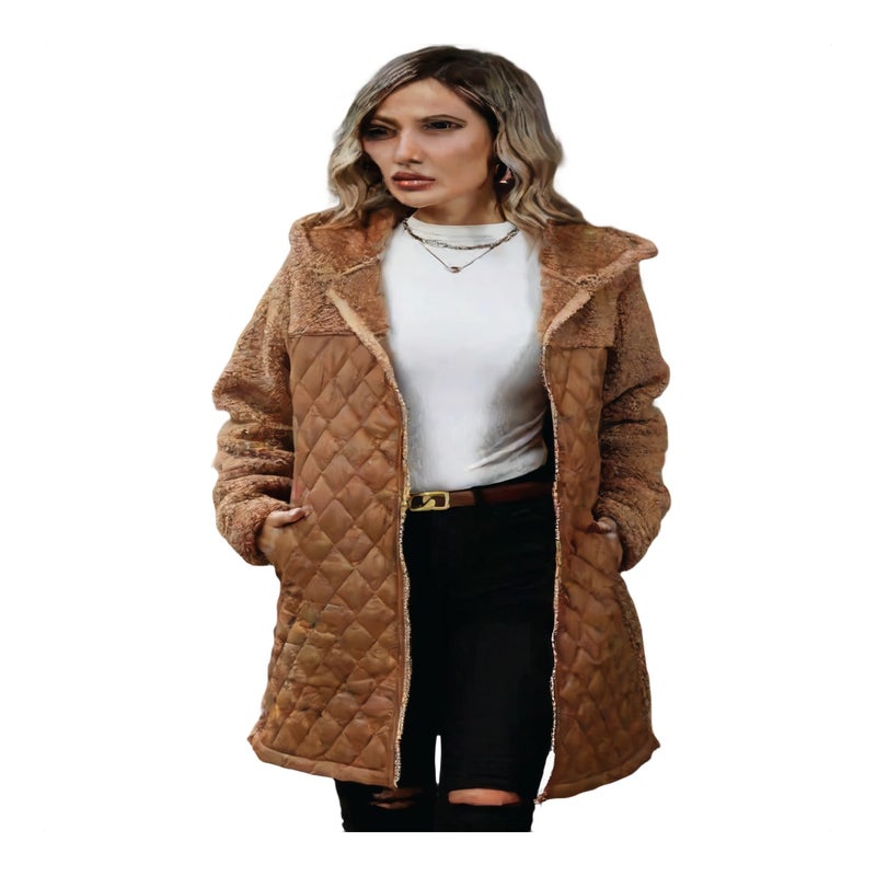 معطف شتوي نسائي بغطاء رأس وسحاب، مبطن بالصوف، بقصة فضفاضة - Image 1