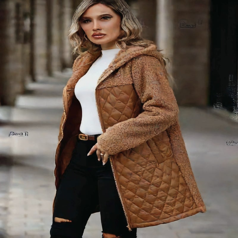 معطف شتوي نسائي بغطاء رأس وسحاب، مبطن بالصوف، بقصة فضفاضة - Image 3