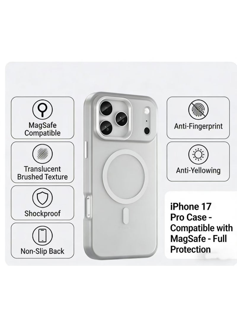كفر ايفون 17 برو يدعم الماج سيف (MagSafe)، لون أبيض ثلجي (Frost) نصف شفاف، خلفية بملمس ممشط مقاوم للاصفرار والبصمات، مانع للانزلاق - Image 1