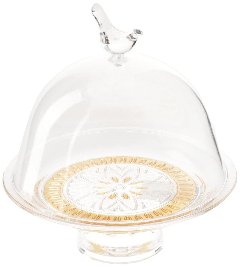 Soleter Acrylic Cake Stand with Dome Cover & Bird Finial – Clear/Gold Shatterproof Cloche with Gold Floral Pattern Base, Premium Serveware for Desserts, Weddings & Special Occasions - Image 1