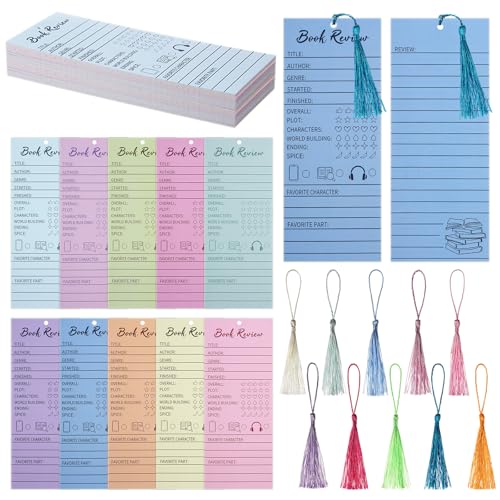 Tosstuki 50 Pcs Colorful Book Review Bookmarks with 50 Bookmark Tassels Book Tracker Reading Log Page for Readers Bookish Gift, Reading Page Tracker for Students Teachers Women - Image 1