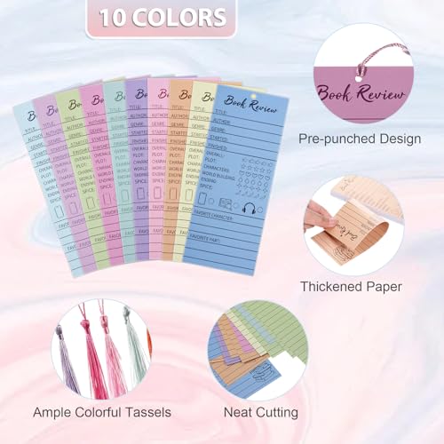 Tosstuki 50 Pcs Colorful Book Review Bookmarks with 50 Bookmark Tassels Book Tracker Reading Log Page for Readers Bookish Gift, Reading Page Tracker for Students Teachers Women - Image 3