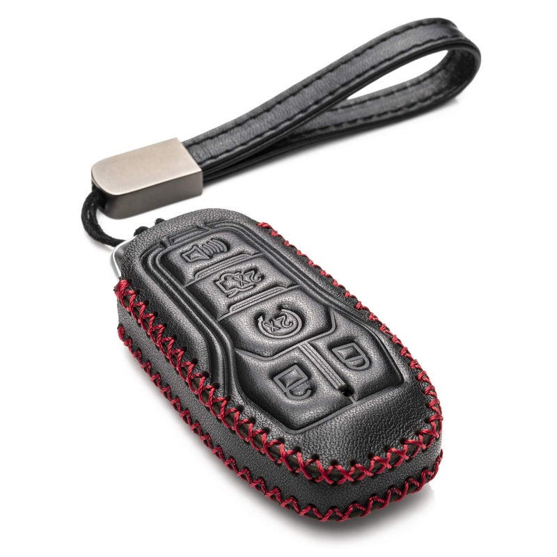 Vitodeco Genuine Leather Smart Key Fob Case Cover Protector Compatible for Ford Fusion Explorer Escape Edge F150 Mustang 2015 2017 Models 5Button BlackRed