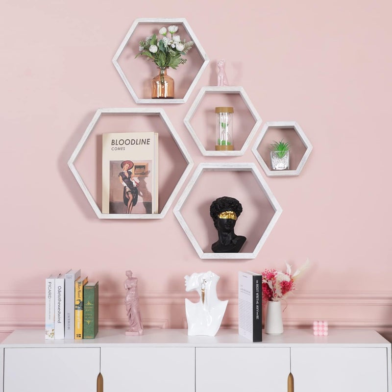 PHOENANCEE Hexagon Floating Shelves,Wall Mounted Wood Farmhouse Storage Honeycomb Wall Shelf Set of 5,for Bathroom, Kitchen, Bedroom, Living Room,Office,رفوف جدارية(White) - Image 3
