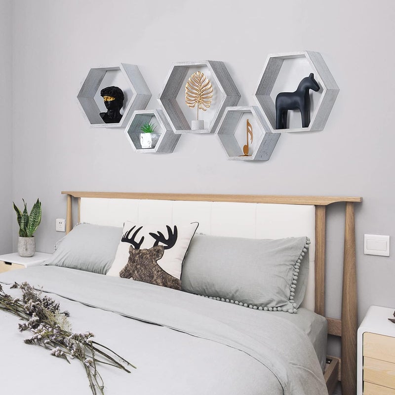 PHOENANCEE Hexagon Floating Shelves,Wall Mounted Wood Farmhouse Storage Honeycomb Wall Shelf Set of 5,for Bathroom, Kitchen, Bedroom, Living Room,Office,رفوف جدارية(White) - Image 4
