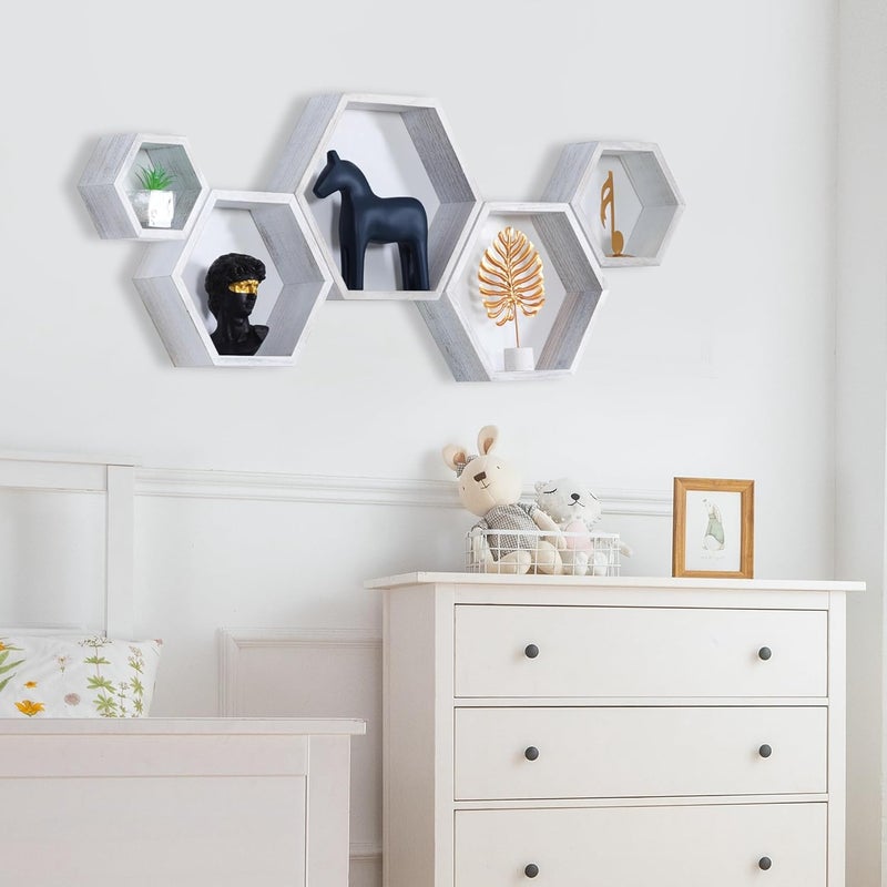 PHOENANCEE Hexagon Floating Shelves,Wall Mounted Wood Farmhouse Storage Honeycomb Wall Shelf Set of 5,for Bathroom, Kitchen, Bedroom, Living Room,Office,رفوف جدارية(White) - Image 5