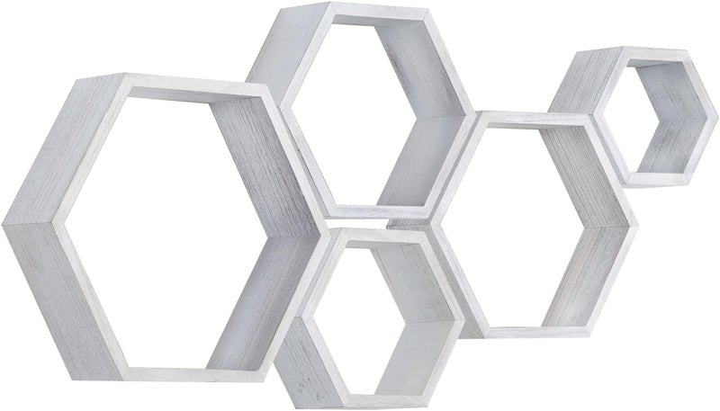 PHOENANCEE Hexagon Floating Shelves,Wall Mounted Wood Farmhouse Storage Honeycomb Wall Shelf Set of 5,for Bathroom, Kitchen, Bedroom, Living Room,Office,رفوف جدارية(White) - Image 1