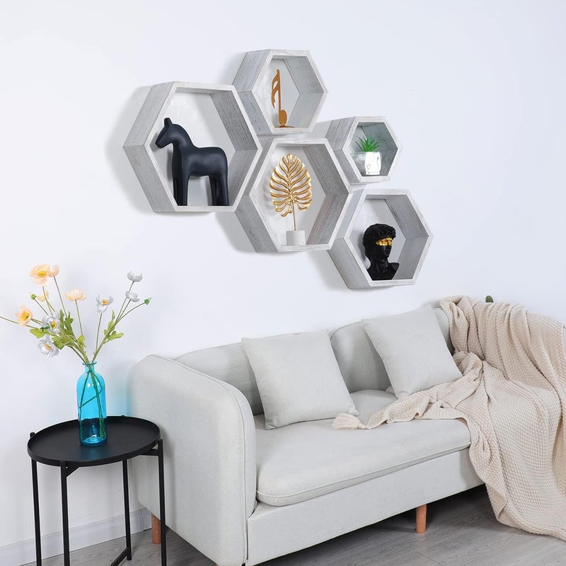 PHOENANCEE Hexagon Floating Shelves,Wall Mounted Wood Farmhouse Storage Honeycomb Wall Shelf Set of 5,for Bathroom, Kitchen, Bedroom, Living Room,Office,رفوف جدارية(White) - Image 2
