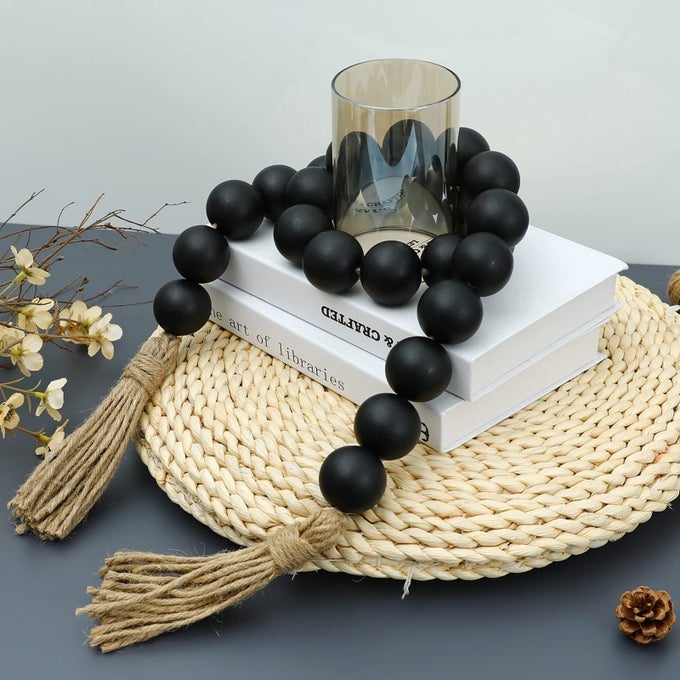 LARGE BLACK WOODEN BEADS GARLAND FARMHOUSE DECOR 50INCH LONG WITH 16 DIAMETER BEADS WOOD BEADS DECOR TASSEL GARLAND DECORATIVE BOHO COUNTRY DECORATION FOR COFFEE TABLE HOME TIERED TRAY WALL HANGING