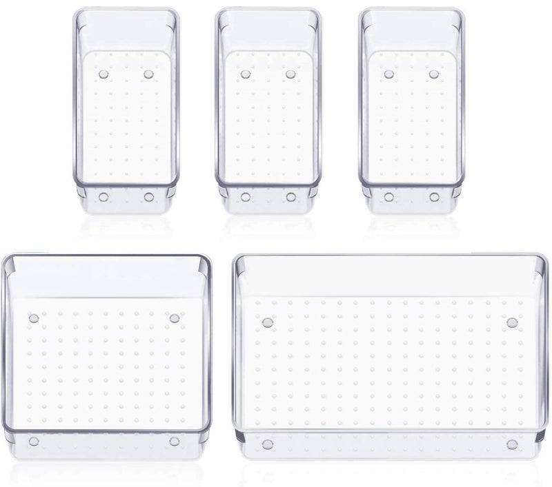 DARKFISH DARK 5 Pcs Desk Drawer Organizers Trays Set Clear Plastic Storage Bins Bathroom Drawer Tray Dividers Vanity Trays Organizer for Bedroom Dresser Makeup Kitchen Utensil Office  - Image 1