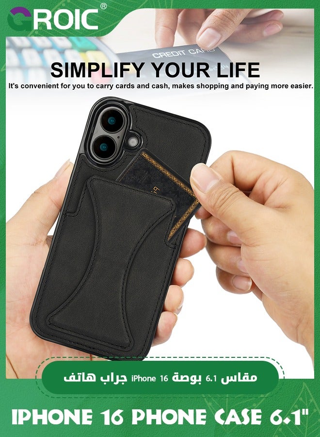 GROIC Case for iPhone 16 6.1 Inches Case, Slim PU Leather Wallet Case Credit Card Slot Holder Lightweight Protective Anti-Fall Kickstand Skin PU Leather TPU Back Cover with Folding Kickstand - Image 3