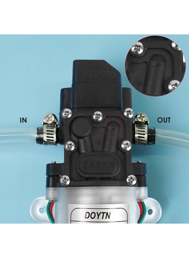 Doytn مضخة مياه غشاء 12 فولت مع مفتاح ضغط – 1.2 جالون في الدقيقة 80 PSI مضخة رش ذاتية التحضير مع مشابك خرطوم – للسيارات الترفيهية، المخيمات، البحرية، القوارب – شفافة (عبوة واحدة) - Image 4