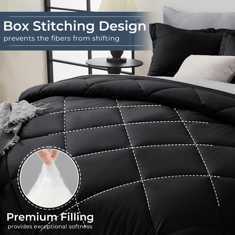 Hevumyi Full Comforter Set - 7-Piece All Season Bed In A Bag Full  Ultra Soft Bedding Set With Comforter  Flat Sheet  Fitted Sheet  Pillowcases  Pillow Shams  Black & Light Grey - Image 4