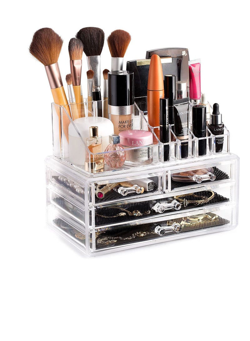 Excefore Cosmetic Organizer,Clear Acrylic Makeup Holder Display, Cosmetics Lipsticks Holder Box, for Lipstick, Brushes, Lotions, Eyeshadow, Nail Polish Jewelry (4 Drawers) - Image 1