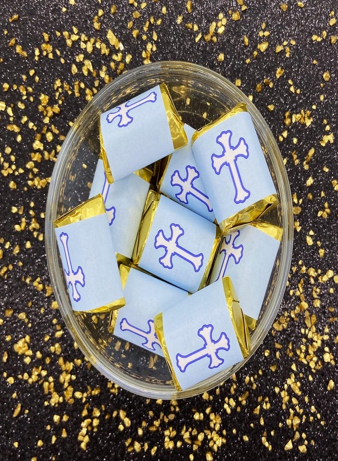 RokAPary 90 Blue Baptism Nuggets Labels, Chocolate Candy Wrapper Stickers, Cross for Christening, Communion, Birthday or Baby Shower Decorations Theme, Made in USA - Image 2