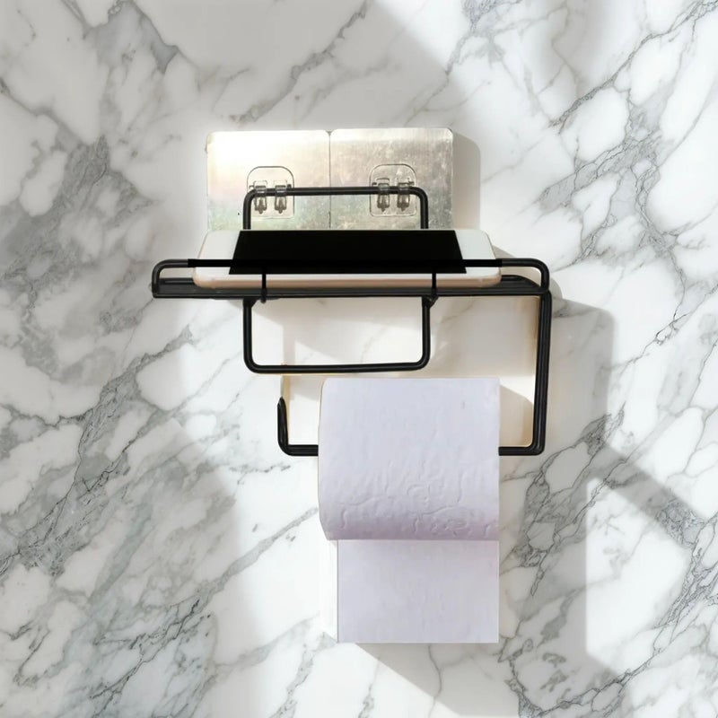 Xtend GI Steel Self Adhesive Toilet Paper Holder/Tissue Paper Roll Holder with Mobile Stand/Towel Bar Hanger Storage Rack/Bathroom Accessories(Black) - Image 4