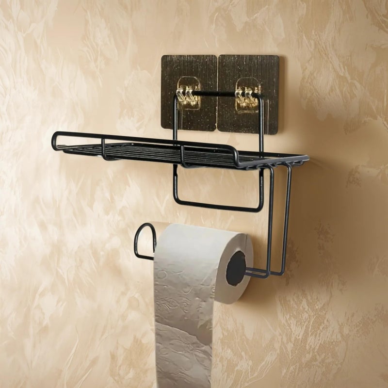 Xtend GI Steel Self Adhesive Toilet Paper Holder/Tissue Paper Roll Holder with Mobile Stand/Towel Bar Hanger Storage Rack/Bathroom Accessories(Black) - Image 1