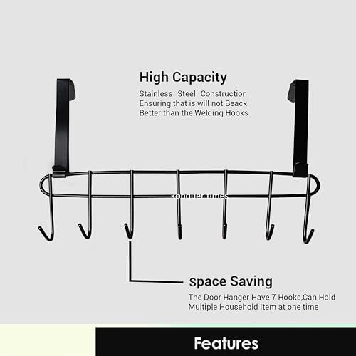 Konquer TimeS Heavy Duty Stainless Steel Over The Door Hook Hanger Organizer/Wall Hook Rack, No Drilling Required (Black- Pack of 2) - Image 2