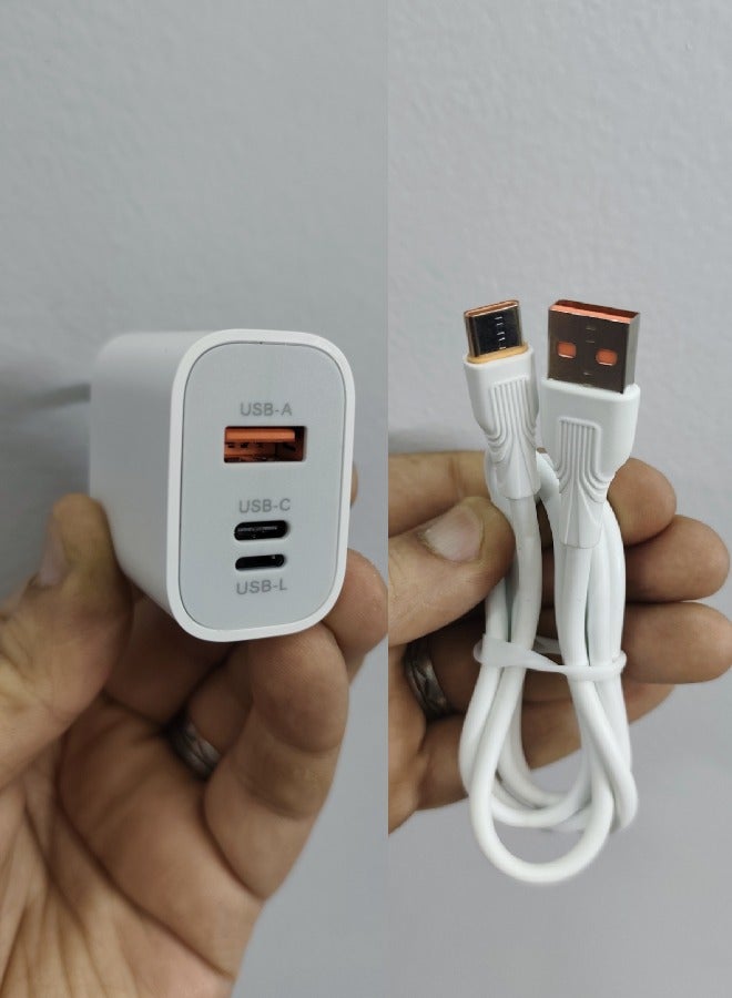 50W Ultra Fast Charger with 3 Ports (USB-A + USB-C + USB-L) with Type-C Charging and Data Cable Compatible with All Smartphones - White - Image 2